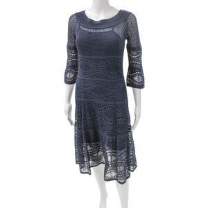 D. Exterior Womens Fit & Flare Dress Blue Cotton Boat Neck 3/4 Sleeve Size S